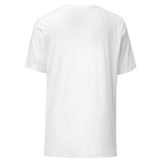 Camiseta blanca unisex Prefiero a Mi Gato, vista trasera lisa