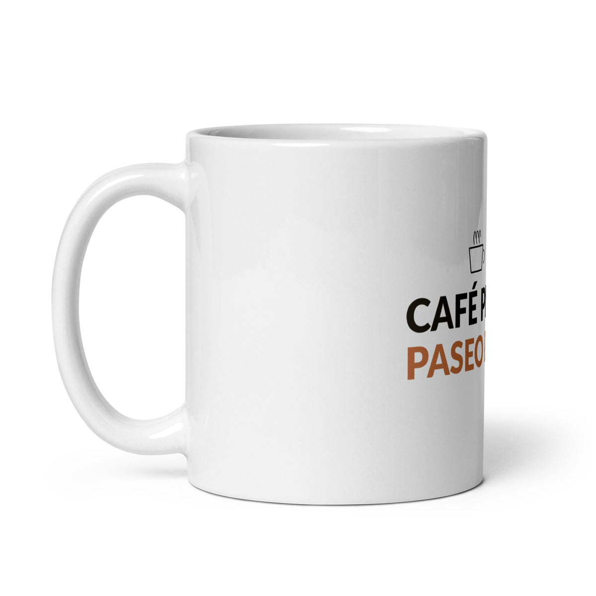 Taza Café primero, paseo después, vista de tres cuartos con el asa a la izquierda
