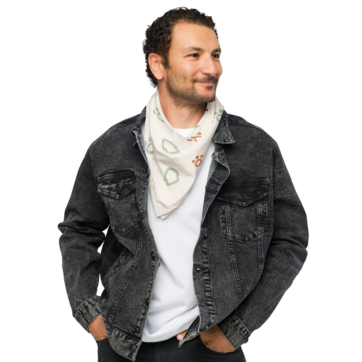 Bandana blanca para mascota con patrón de huellas y casitas, talla L, extendida