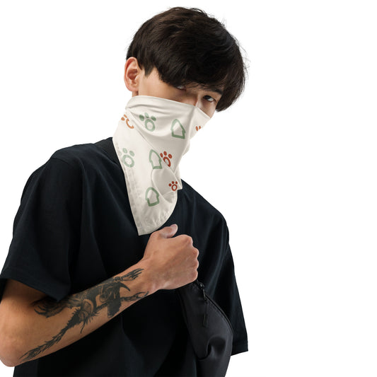 Bandana blanca para mascota con patrón de huellas y casitas, talla M, extendida