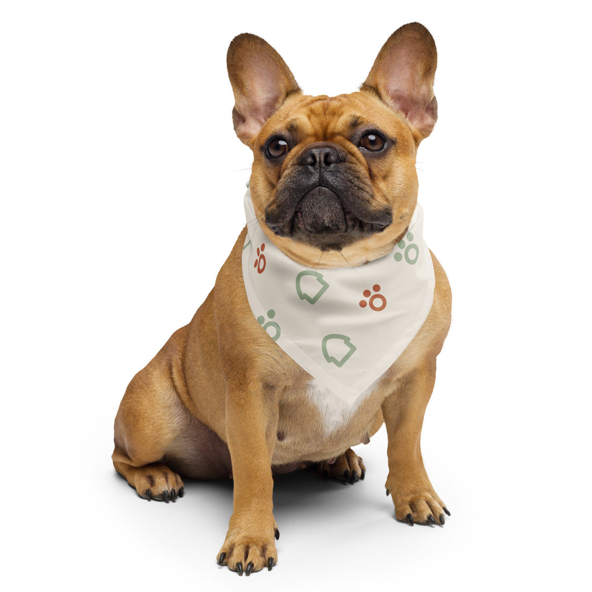 Bandana blanca para mascota con patrón de huellas y casitas, talla S, extendida