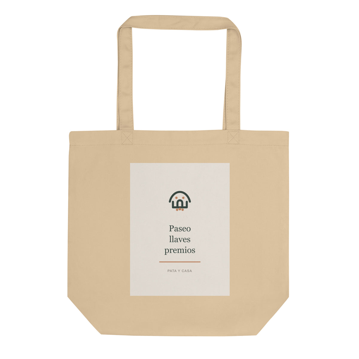 Tote bag de algodón color crudo con el diseño Paseo, Llaves y Premios de Pata y Casa, vista frontal