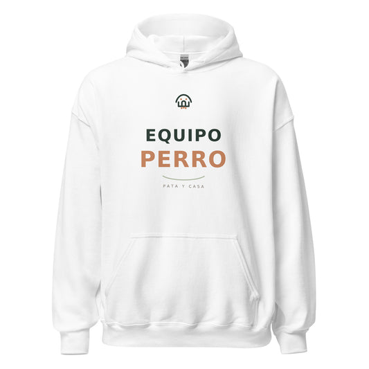 Sudadera blanca con capucha Equipo Perro, vista frontal con estampado negro y terracota