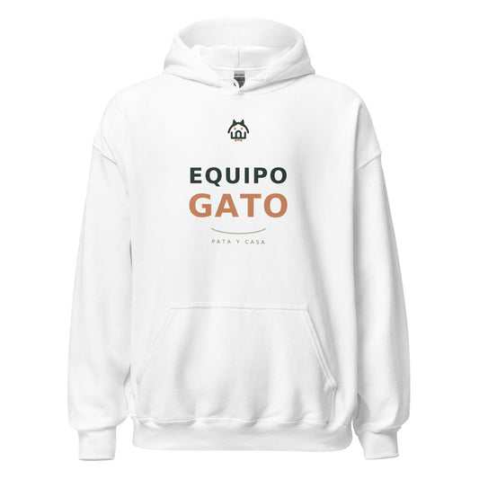 Sudadera blanca con capucha Equipo Gato, vista frontal con estampado negro y terracota