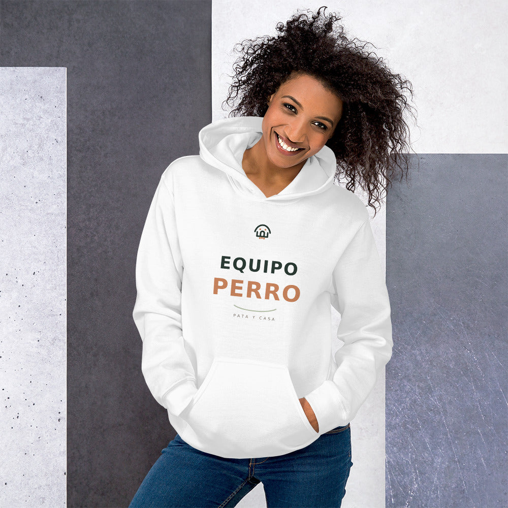 Sudadera blanca con capucha Equipo Perro, vista frontal con el diseño perruno de Pata y Casa