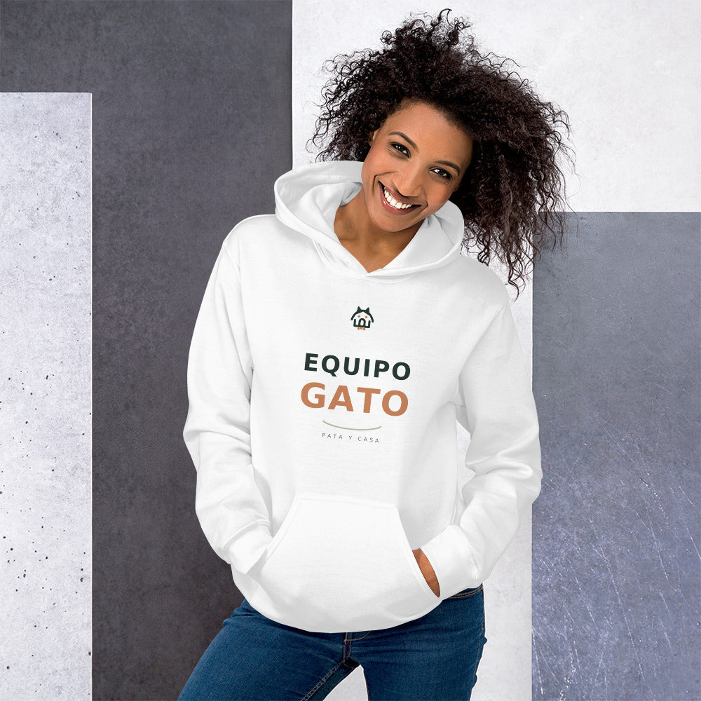 Sudadera blanca con capucha Equipo Gato, vista frontal con el diseño gatuno de Pata y Casa