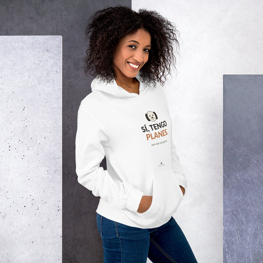 Sudadera blanca con capucha Sí, Tengo Planes (Son con mi Perro), vista lateral derecha