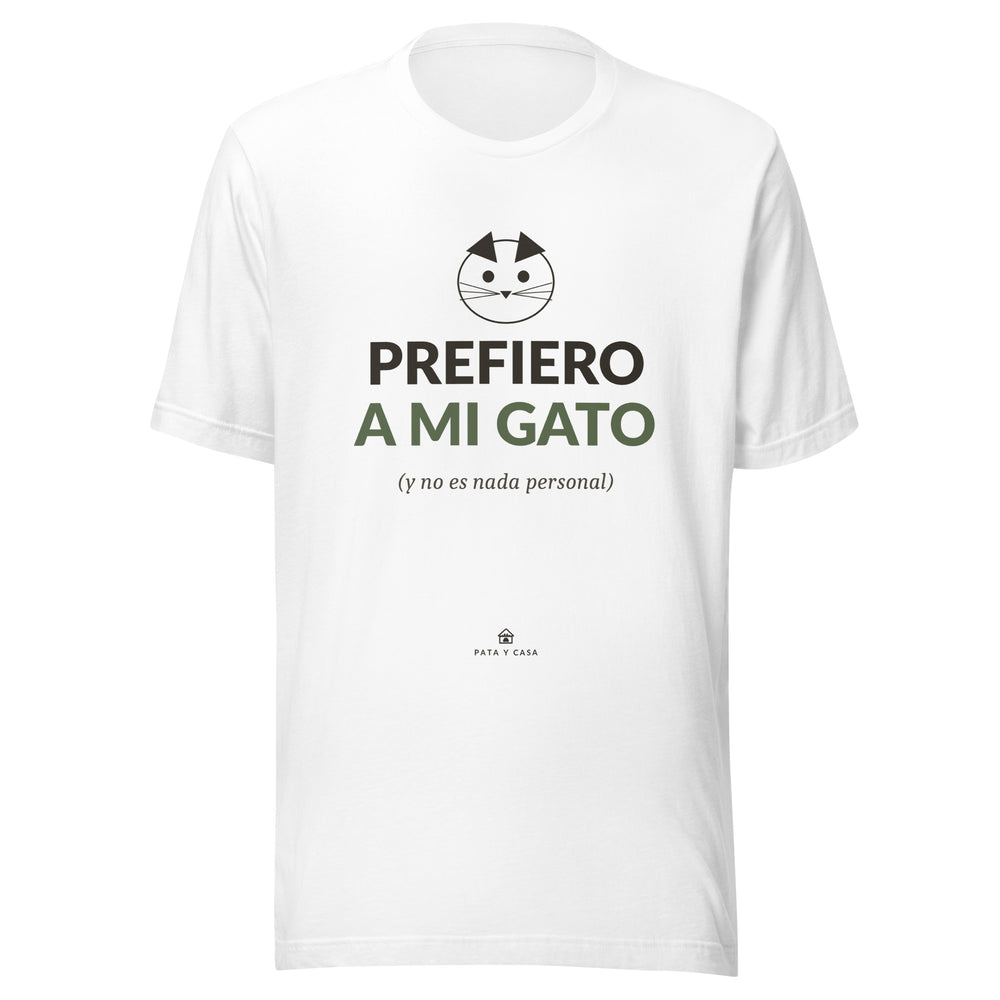 Camiseta blanca unisex Prefiero a Mi Gato, vista frontal con diseño felino en negro y terracota