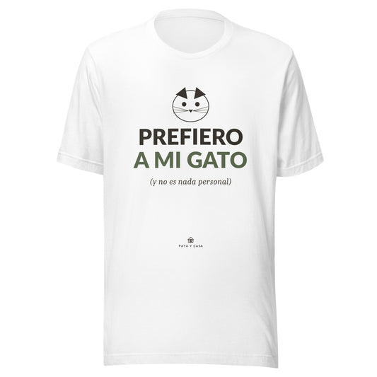 Camiseta blanca unisex Prefiero a Mi Gato, vista frontal con diseño felino en negro y terracota