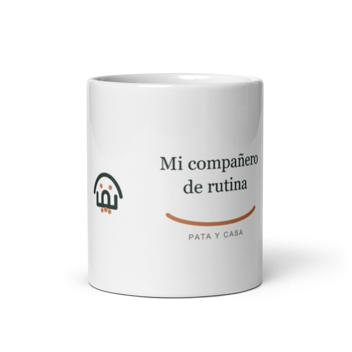 Taza blanca de cerámica con el lema «Mi compañero de rutina», vista frontal